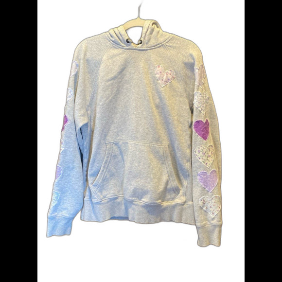 Champion Hoodie Womens Size Medium Gray Oversized Distressed Purple Hearts - Picture 1 of 12